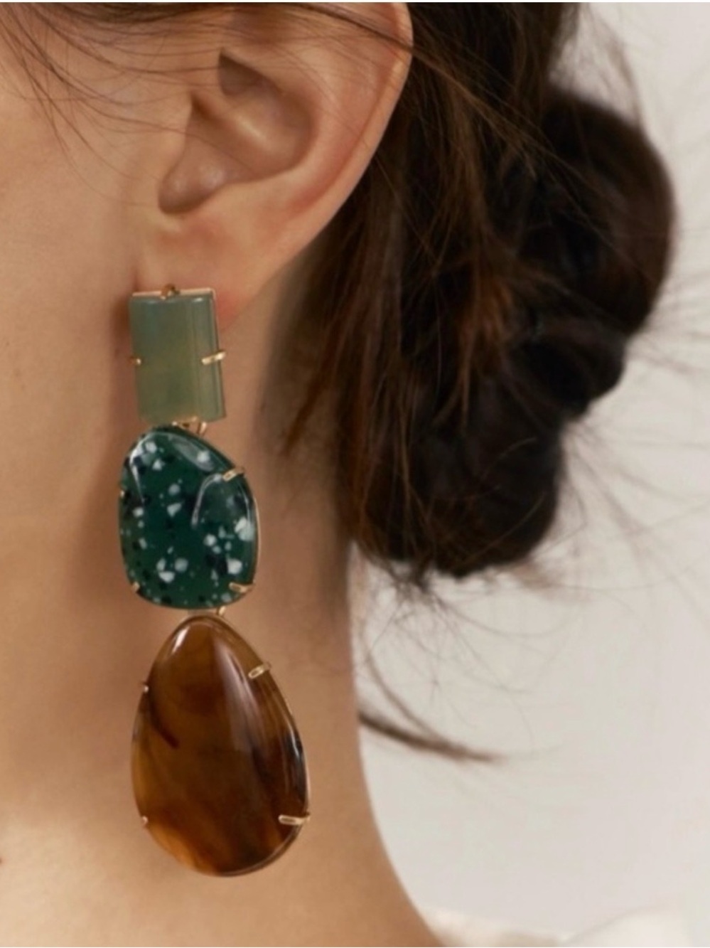 ZARA Green and Brown NATURAL Triple Stone Drop Earrings